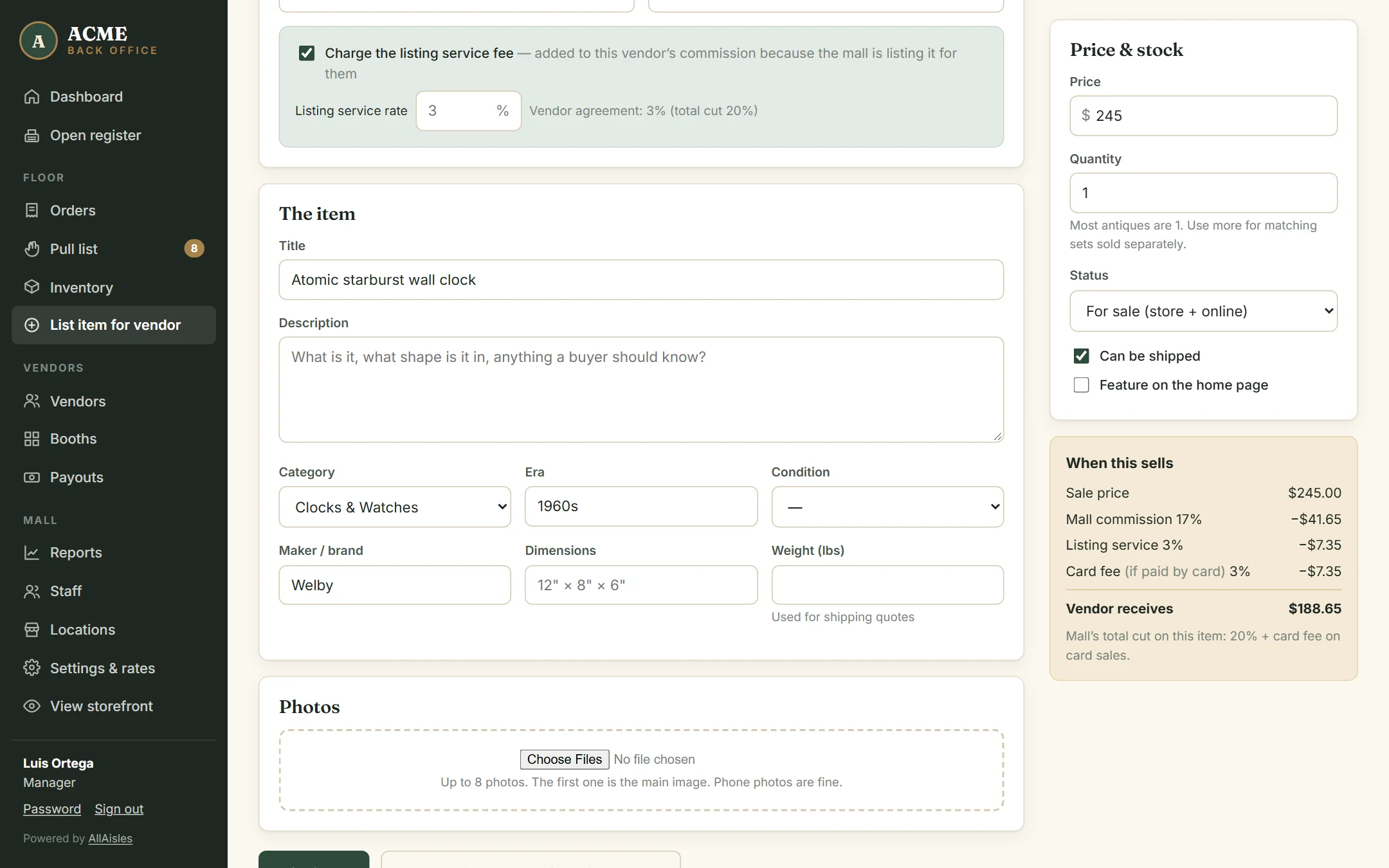 Listing an item for a dealer with the listing-service fee applied