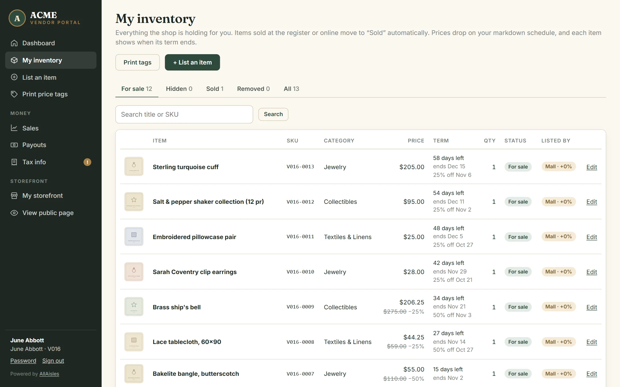 A consignor’s inventory with days left and markdowns