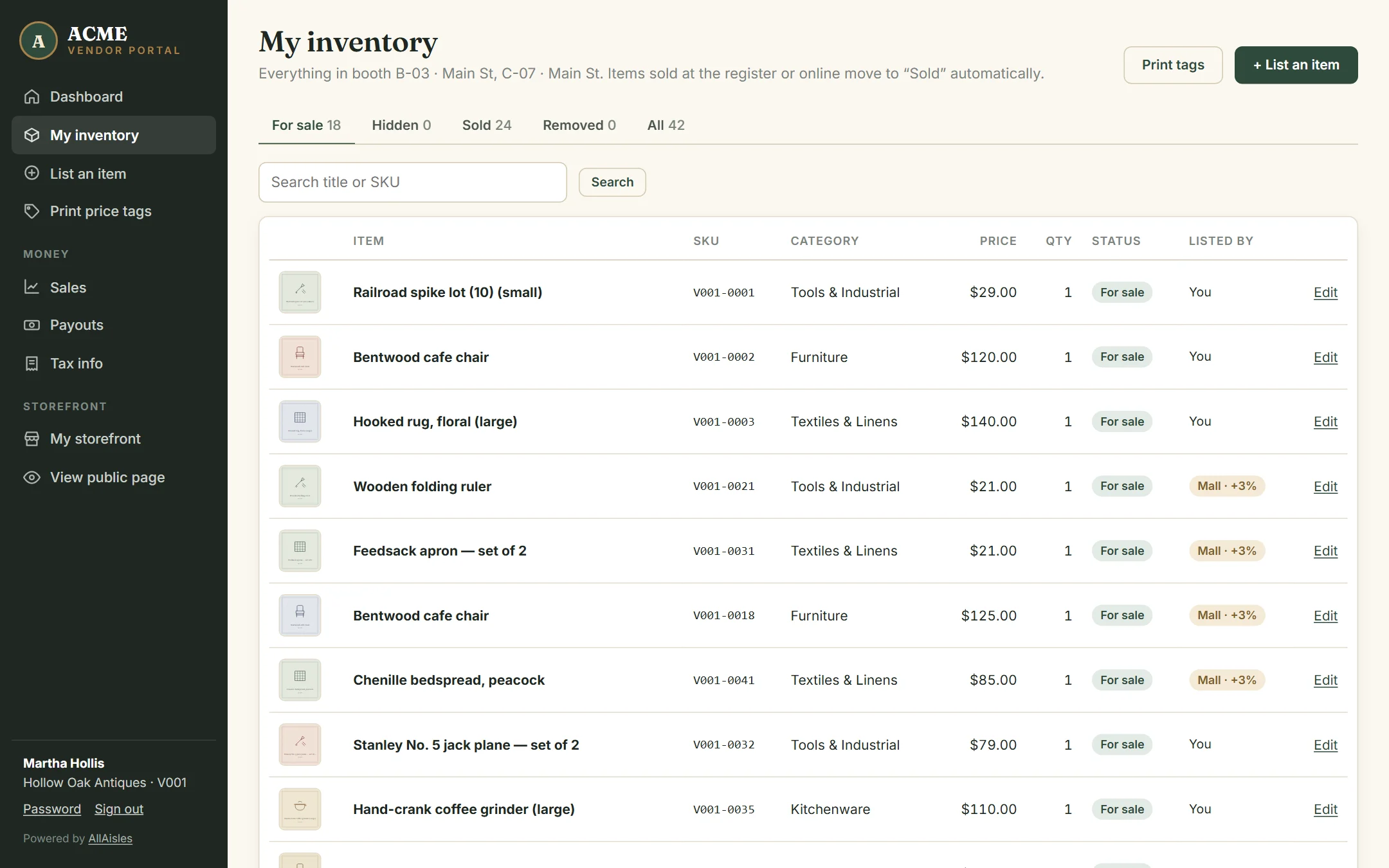 The dealer’s inventory list